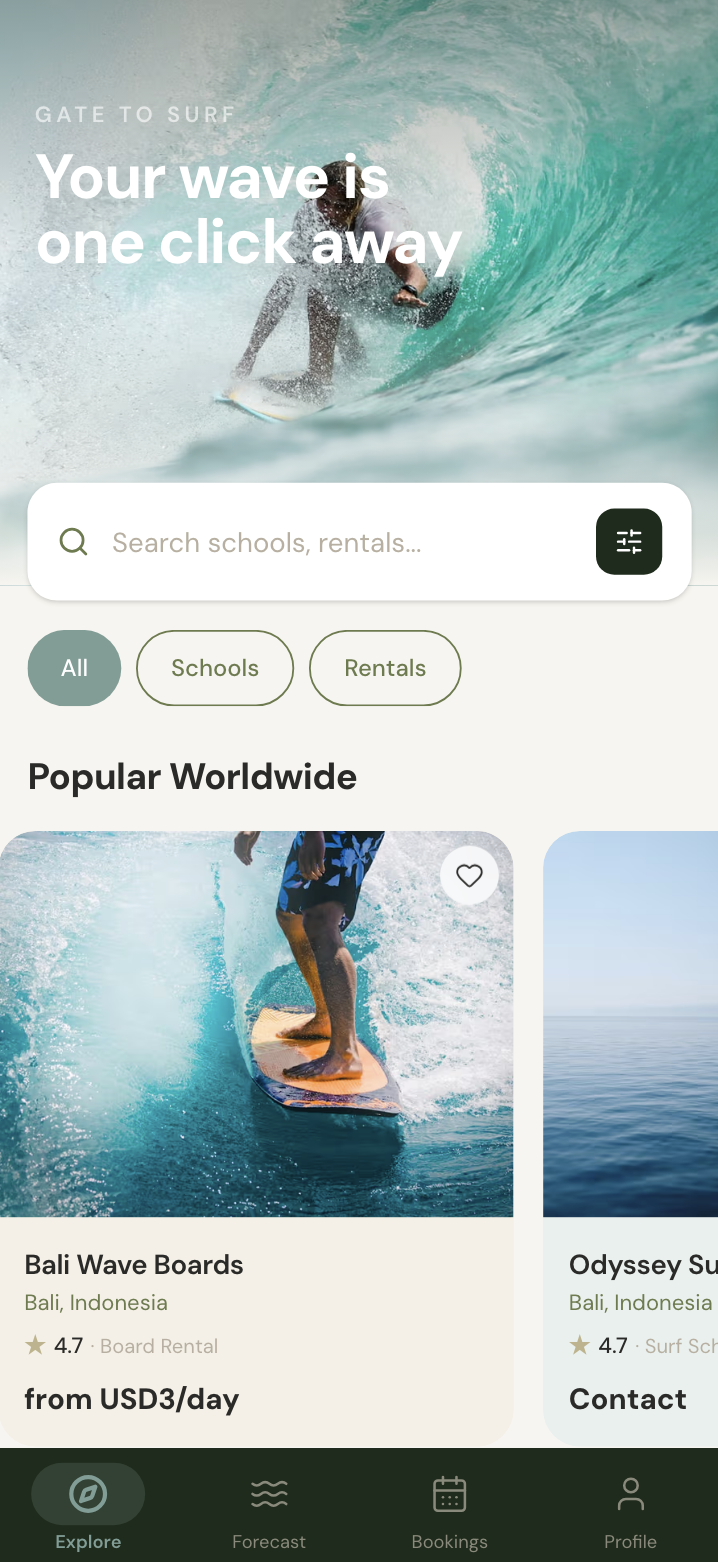 Gate to Surf explore screen